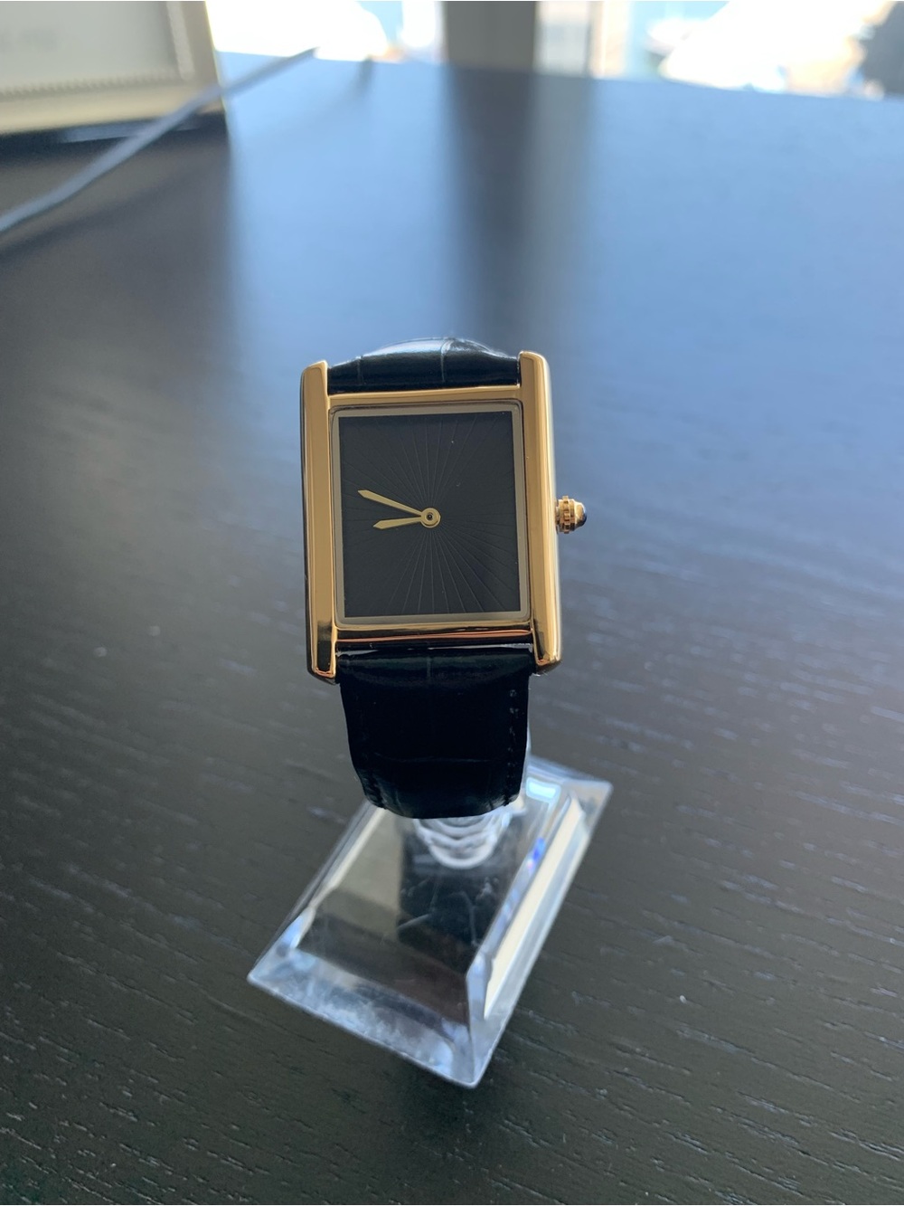Gold-Tone Rectangular Tank Dress Watch with Black Dial and Strap